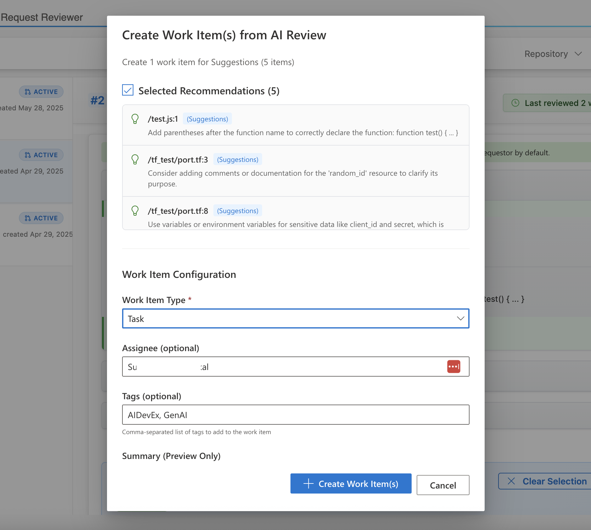 AI DevX create work item